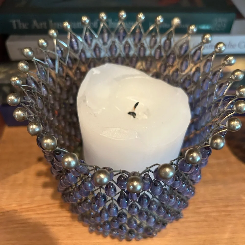 Wine Caddy Water Caddy Candle Holder purple and silver Beads 4.5”‎ x 5”
